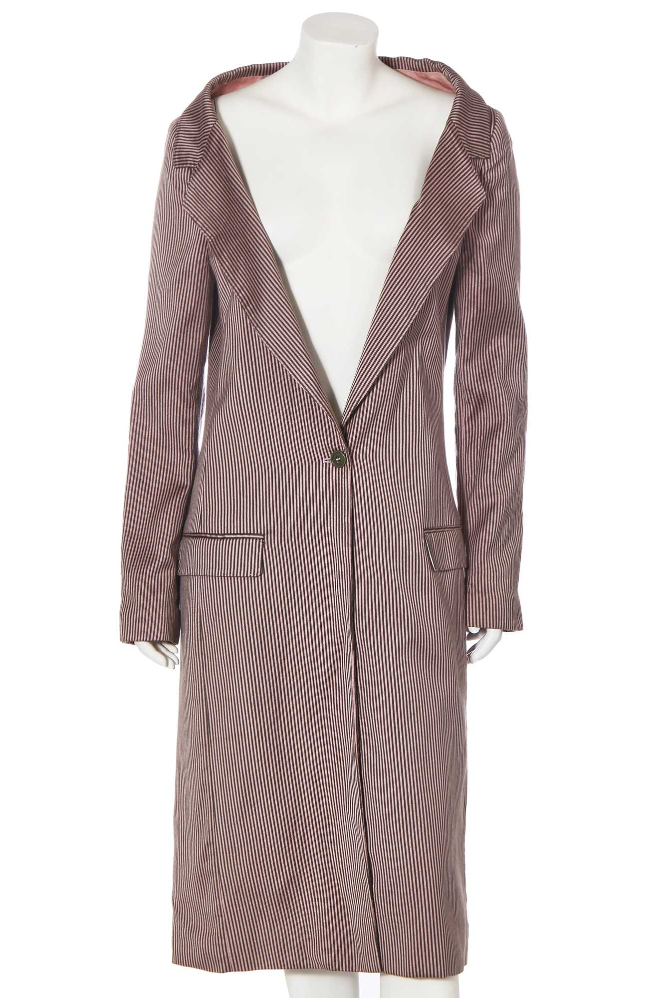 Lot 66 - An Alexander McQueen pink and green striped rayon gabardine coat, late 1990s-early 2000s