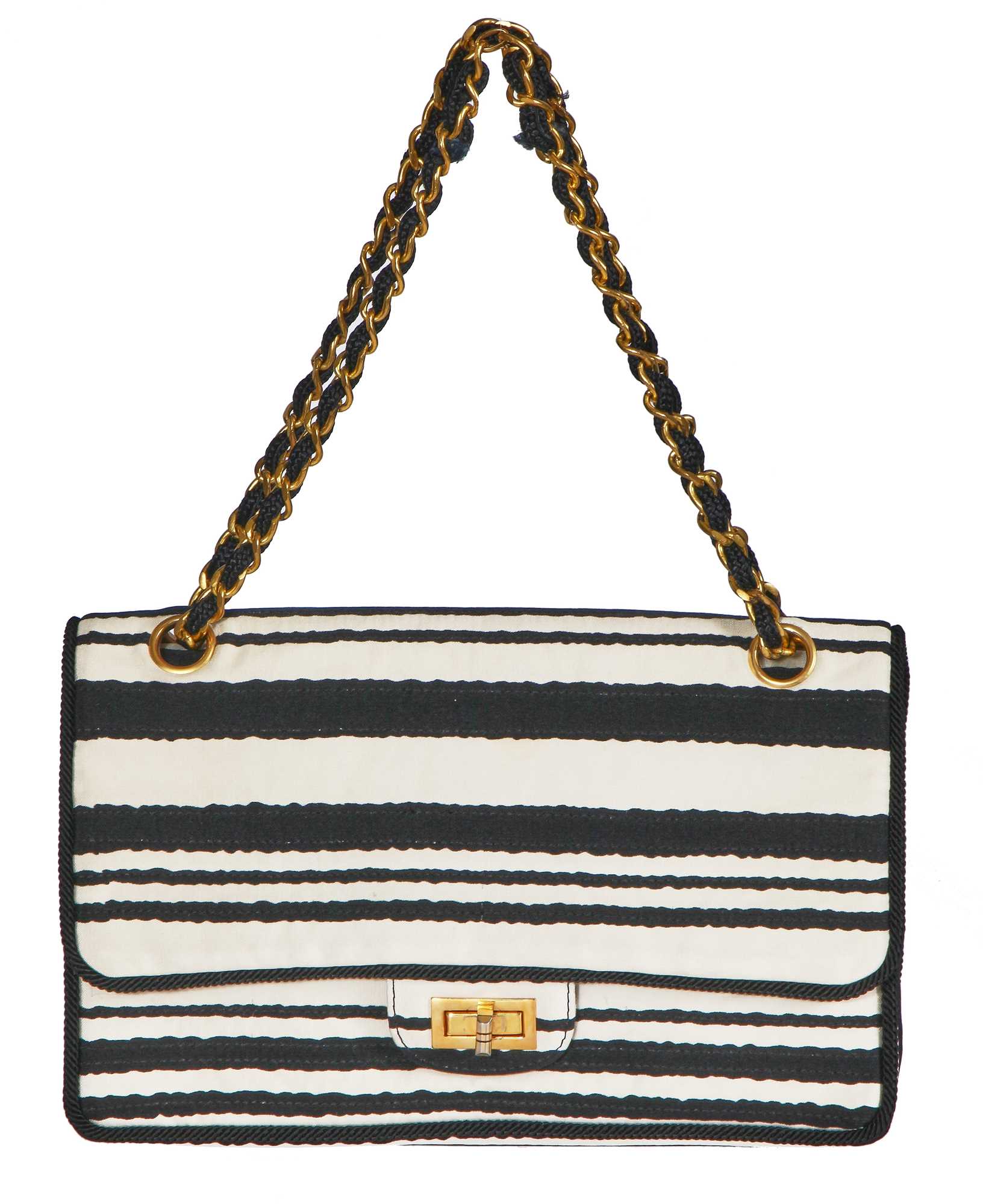 Lot 22 - A Chanel 2.55 bag in black and white striped silk, 1966