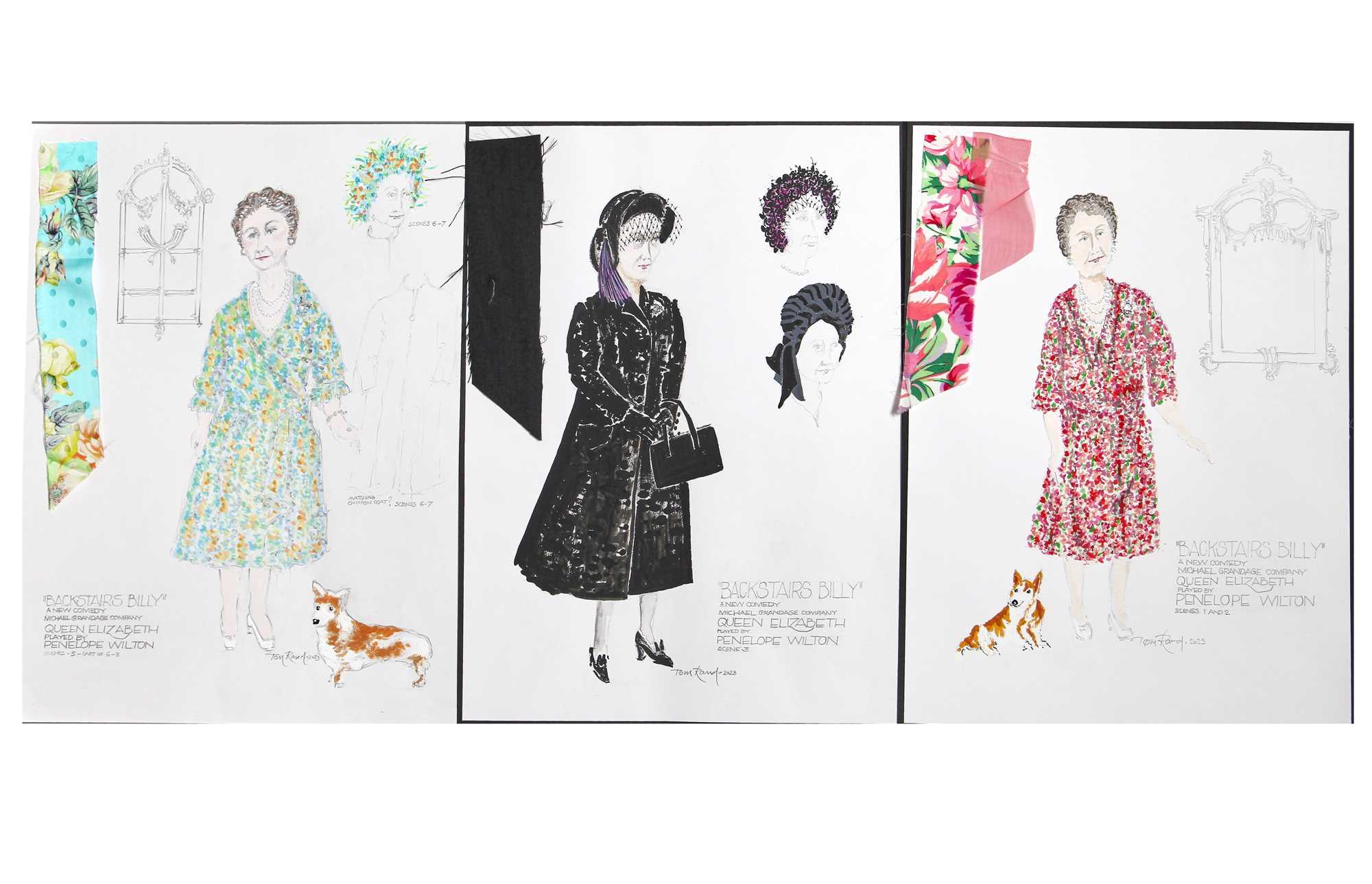 Lot 97 - Tom Rand: three costume designs for Penelope Wilton in her role as Queen Elizabeth, The Queen Mother in 'Backstairs Billy' and a theatre poster signed by members of the cast