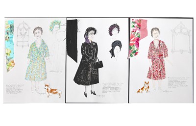 Lot 97 - Tom Rand: three costume designs for Penelope Wilton in her role as Queen Elizabeth, The Queen Mother in 'Backstairs Billy' and a theatre poster signed by members of the cast
