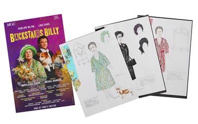 Lot 97 - Tom Rand: three costume designs for Penelope Wilton in her role as Queen Elizabeth, The Queen Mother in 'Backstairs Billy' and a theatre poster signed by members of the cast