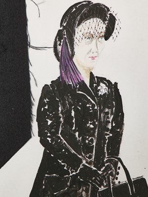 Lot 97 - Tom Rand: three costume designs for Penelope Wilton in her role as Queen Elizabeth, The Queen Mother in 'Backstairs Billy' and a theatre poster signed by members of the cast