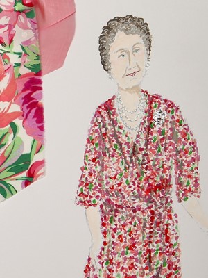 Lot 97 - Tom Rand: three costume designs for Penelope Wilton in her role as Queen Elizabeth, The Queen Mother in 'Backstairs Billy' and a theatre poster signed by members of the cast