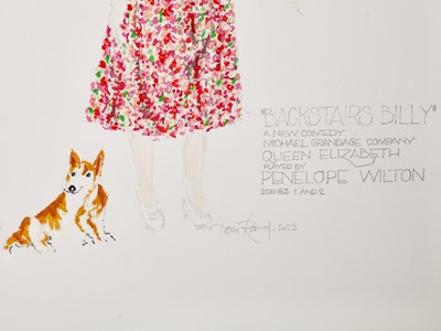 Lot 97 - Tom Rand: three costume designs for Penelope Wilton in her role as Queen Elizabeth, The Queen Mother in 'Backstairs Billy' and a theatre poster signed by members of the cast