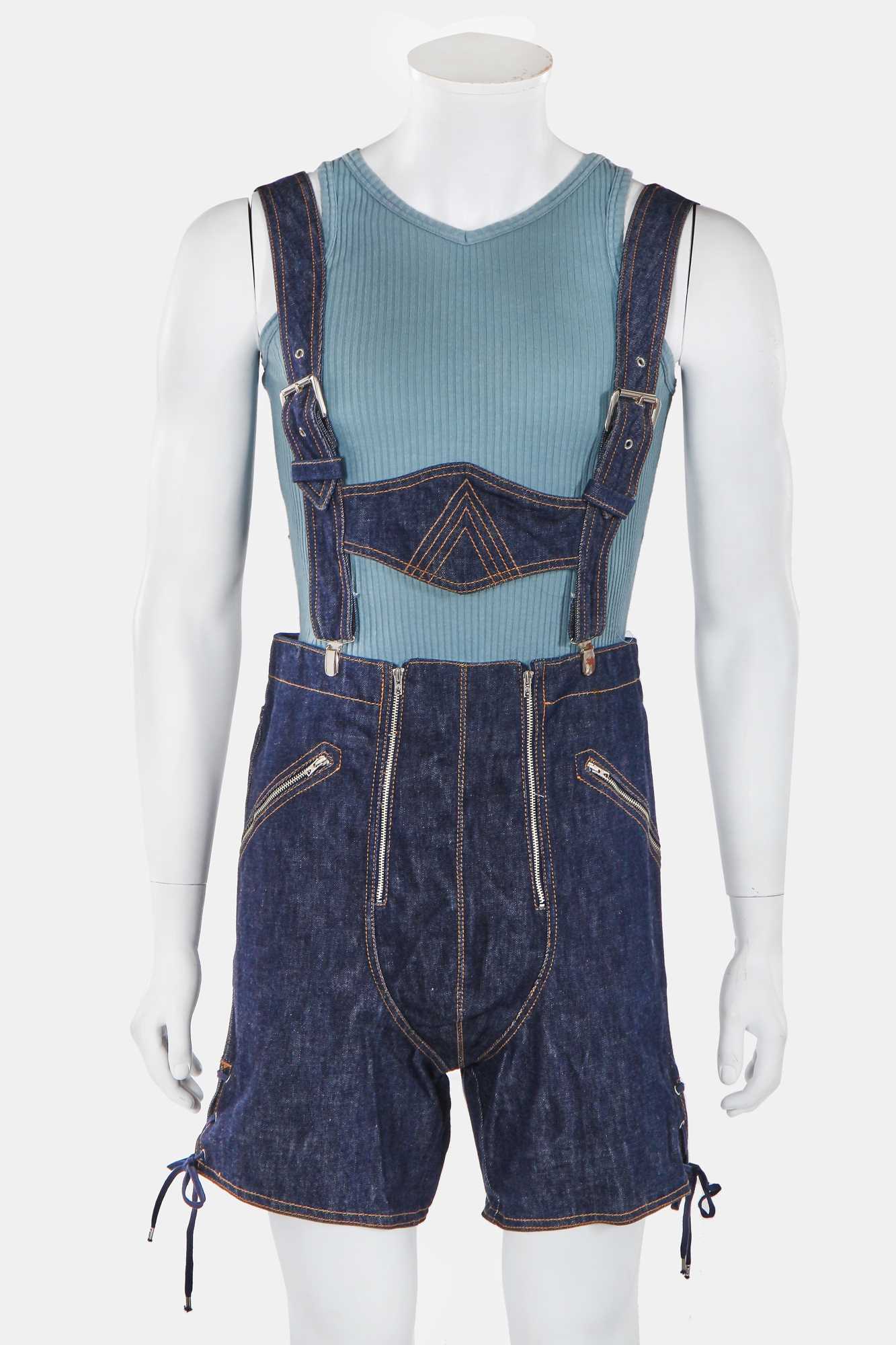 Lot 86 - A rare pair of Jean Paul Gaultier men's denim lederhosen, 'Andro Jeans' collection, Spring-Summer 1993