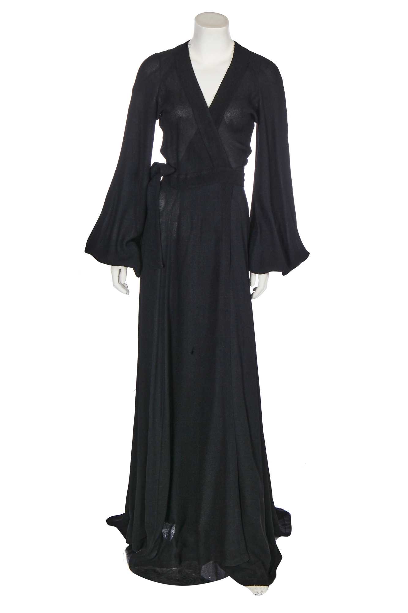 Lot 266 - An Ossie Clark black moss crêpe 'Cuddly' wrap-over dress, mid 1970s