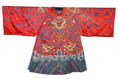Lot 467 - A woman's garnet satin dragon robe, longao, Chinese, early 20th century