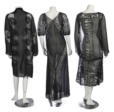 Lot 373 - Three black chiffon and lace dresses, 1920s-30s