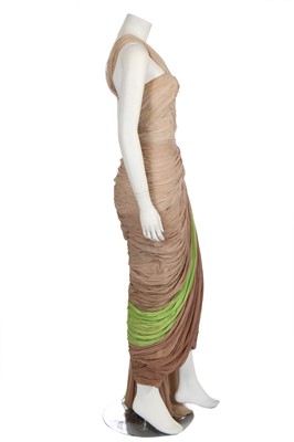 Lot 316 - A Jean Dessès haute couture pale brown and lime green chiffon evening gown, circa 1951