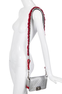 Lot 43 - A Chanel small silver Boy bag with flower strap,  'Paris-Bombay' collection, Métiers d'Art, Pre-Fall 2012