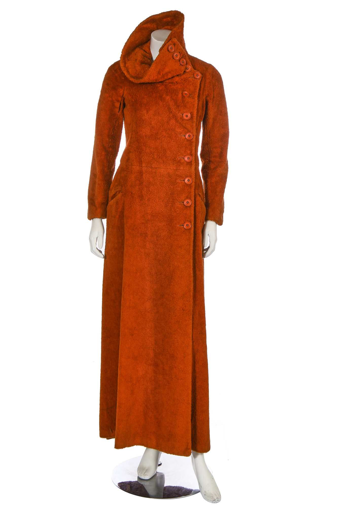 Lot 33 - A Biba burnt orange cut pile 'Battle Dress' carpet coat, circa 1970