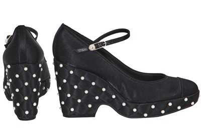Lot 24 - A pair of Chanel black satin platform wedges, 2010s