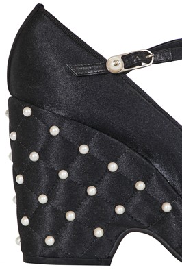 Lot 24 - A pair of Chanel black satin platform wedges, 2010s