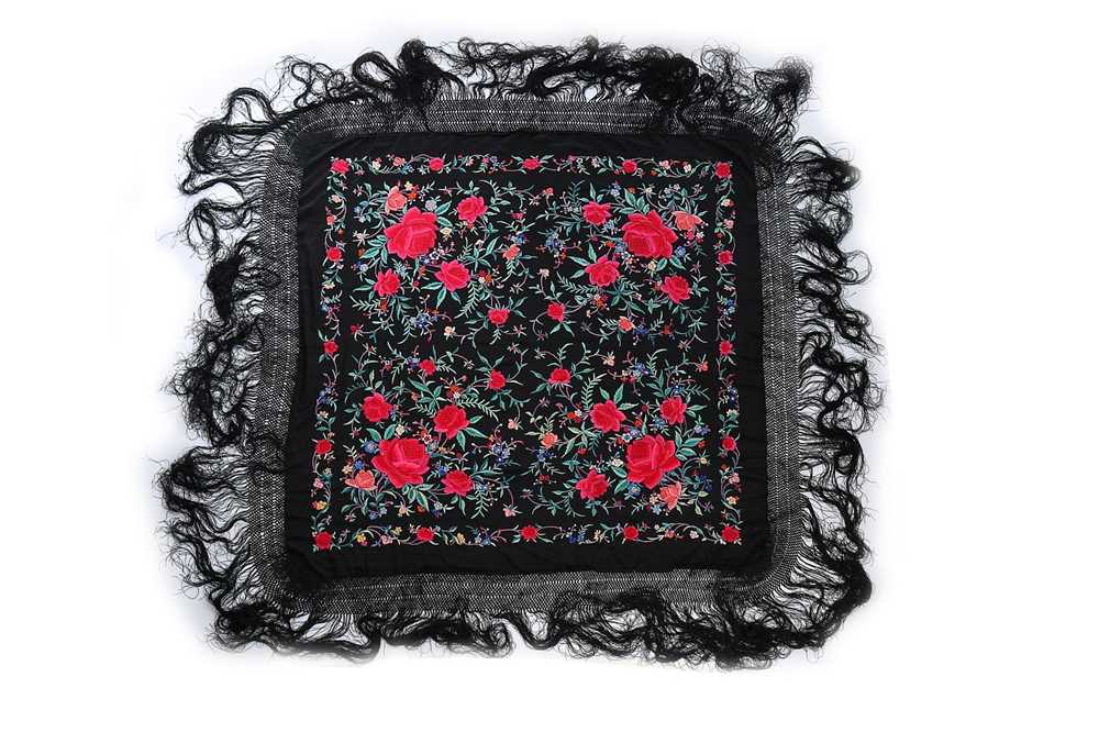 Lot 58 - An embroidered black silk shawl, Cantonese,...