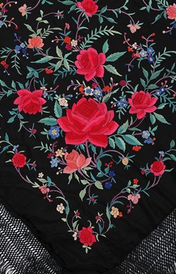 Lot 58 - An embroidered black silk shawl, Cantonese,...