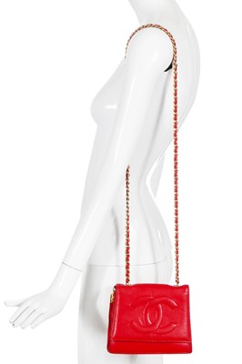 Lot 8 - A Chanel red lambskin trapezoid flap bag, circa 1985