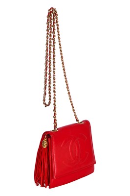 Lot 8 - A Chanel red lambskin trapezoid flap bag, circa 1985