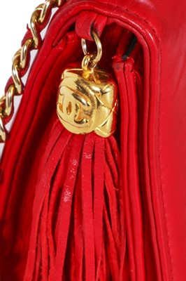Lot 8 - A Chanel red lambskin trapezoid flap bag, circa 1985