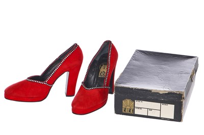 Lot 112 - A rare pair of Biba red suede heels, circa 1974