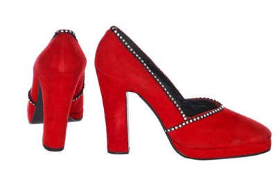 Lot 112 - A rare pair of Biba red suede heels, circa 1974
