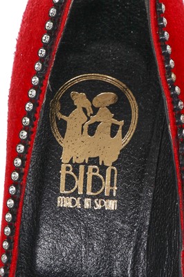 Lot 112 - A rare pair of Biba red suede heels, circa 1974