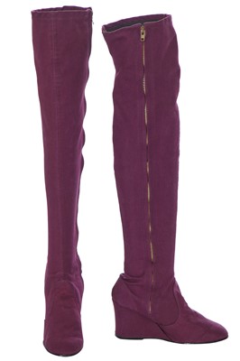 Lot 23 - A pair of Biba purple canvas knee-length wedge boots, circa 1970