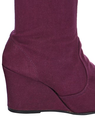 Lot 23 - A pair of Biba purple canvas knee-length wedge boots, circa 1970