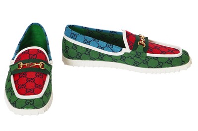 Lot 23 - A pair of Gucci men's multicolour monogrammed canvas moccasins, circa 2016