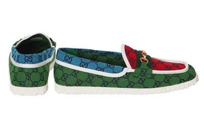 Lot 23 - A pair of Gucci men's multicolour monogrammed canvas moccasins, circa 2016
