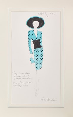 Lot 254 - A Victor Edelstein sketch of Princess Diana's turquoise and black polka dot dress and hat