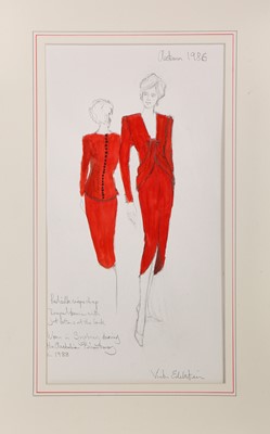 Lot 257 - A Victor Edelstein sketch of Princess Diana's red silk crepe cocktail dress