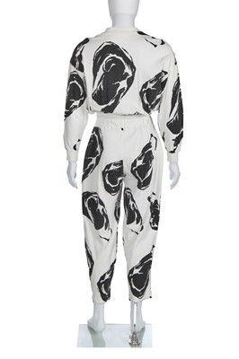 Lot 37 - An Issey Miyake men's printed white cotton jersey jumpsuit, Autumn-Winter 1985-86