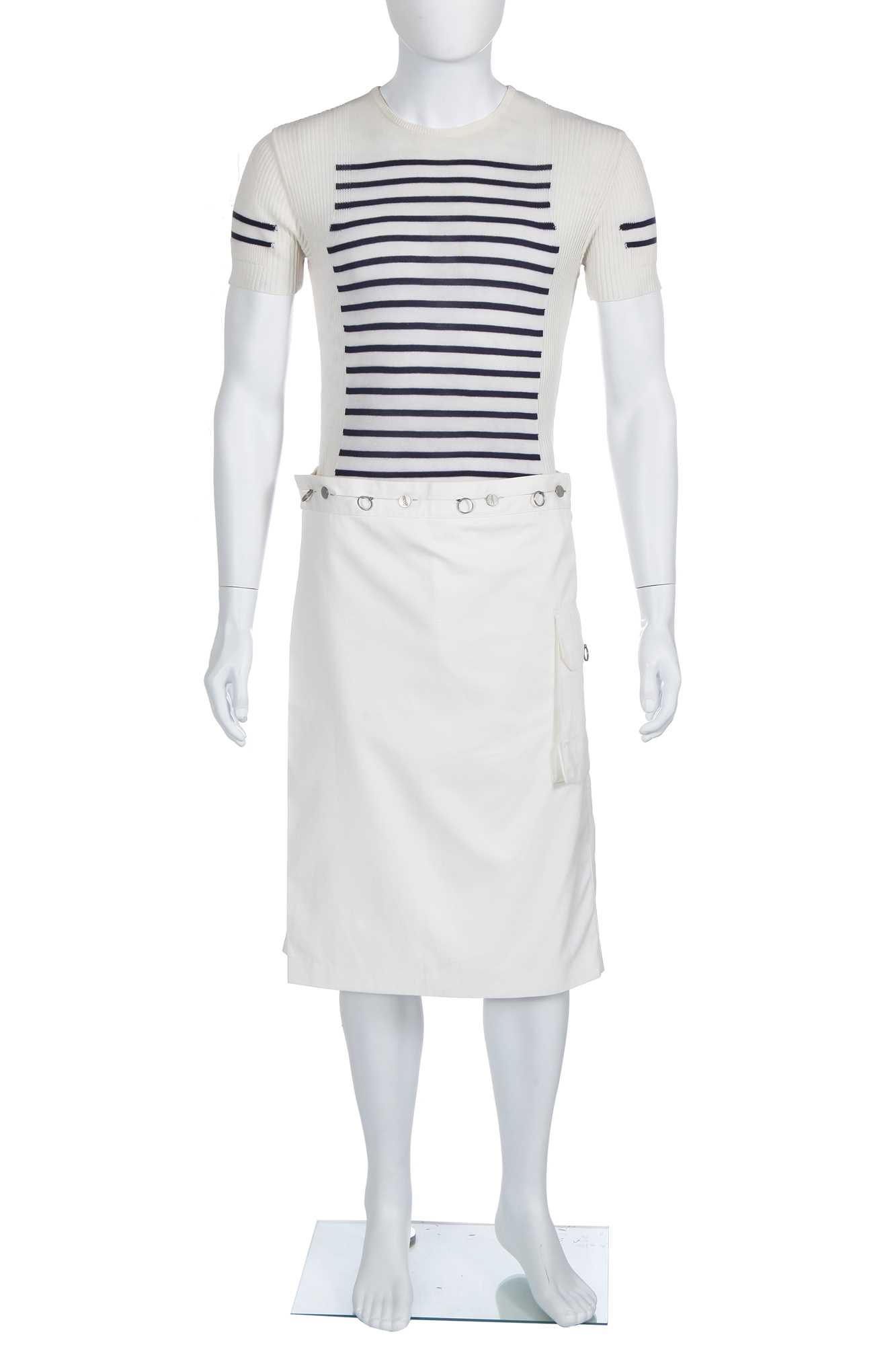 Lot 31 - A Jean Paul Gaultier men's white cotton drill shorts-skirt, probably ‘Heaven and Hell’ collection, Spring-Summer 2003