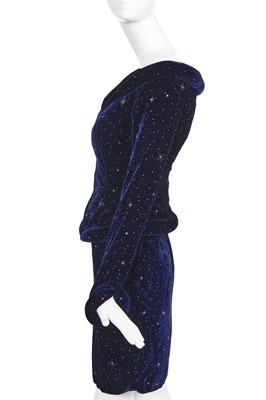 Lot 143 - A Rifat Ozbek navy blue velvet 'night sky' cocktail suit, 1990s