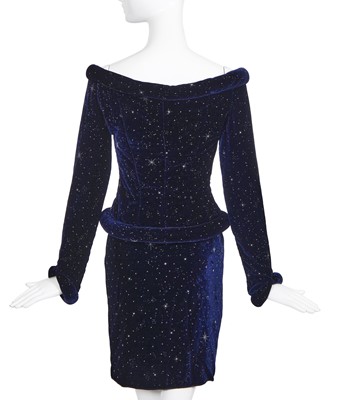 Lot 143 - A Rifat Ozbek navy blue velvet 'night sky' cocktail suit, 1990s