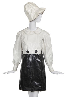 Lot 360 - A Mary Quant black and white PVC coat dress and sou'wester hat, 'Wet' collection, 1963