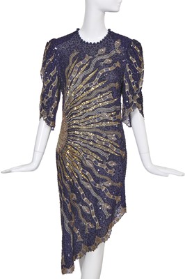 Lot 219 - A Zandra Rhodes embroidered, beaded and sequined navy silk dress, circa 1987