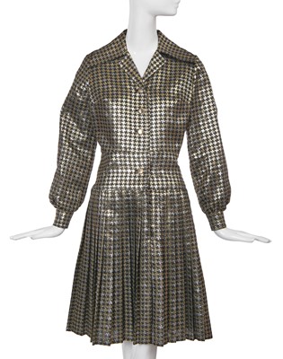 Lot 221 - A Christian Dior London by Marc Bohan gold and silver lamé houndstooth dress, circa 1970