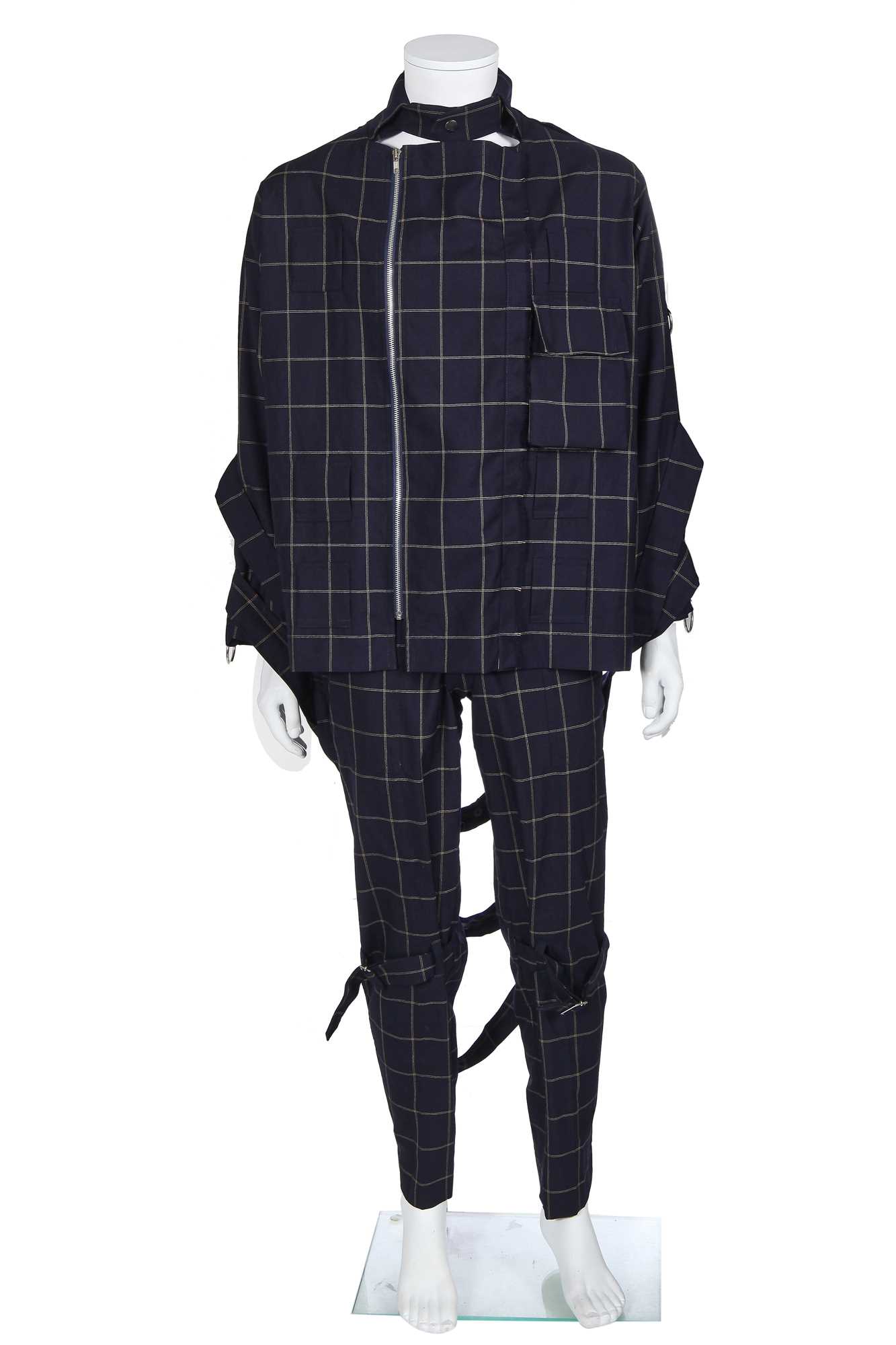 Lot 27 - A Vivienne Westwood men's checked navy wool bondage suit, 2000s