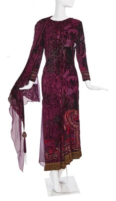 Lot 215 - A Christian Dior by Marc Bohan embroidered purple and black devoré velvet dress, 1980s