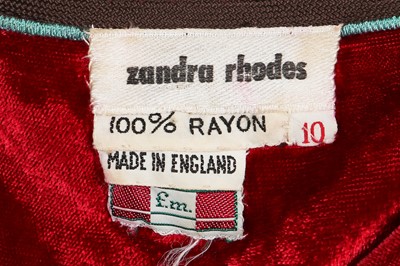 Lot 510 - A rare and early Zandra Rhodes burgundy velvet ensemble, circa 1970