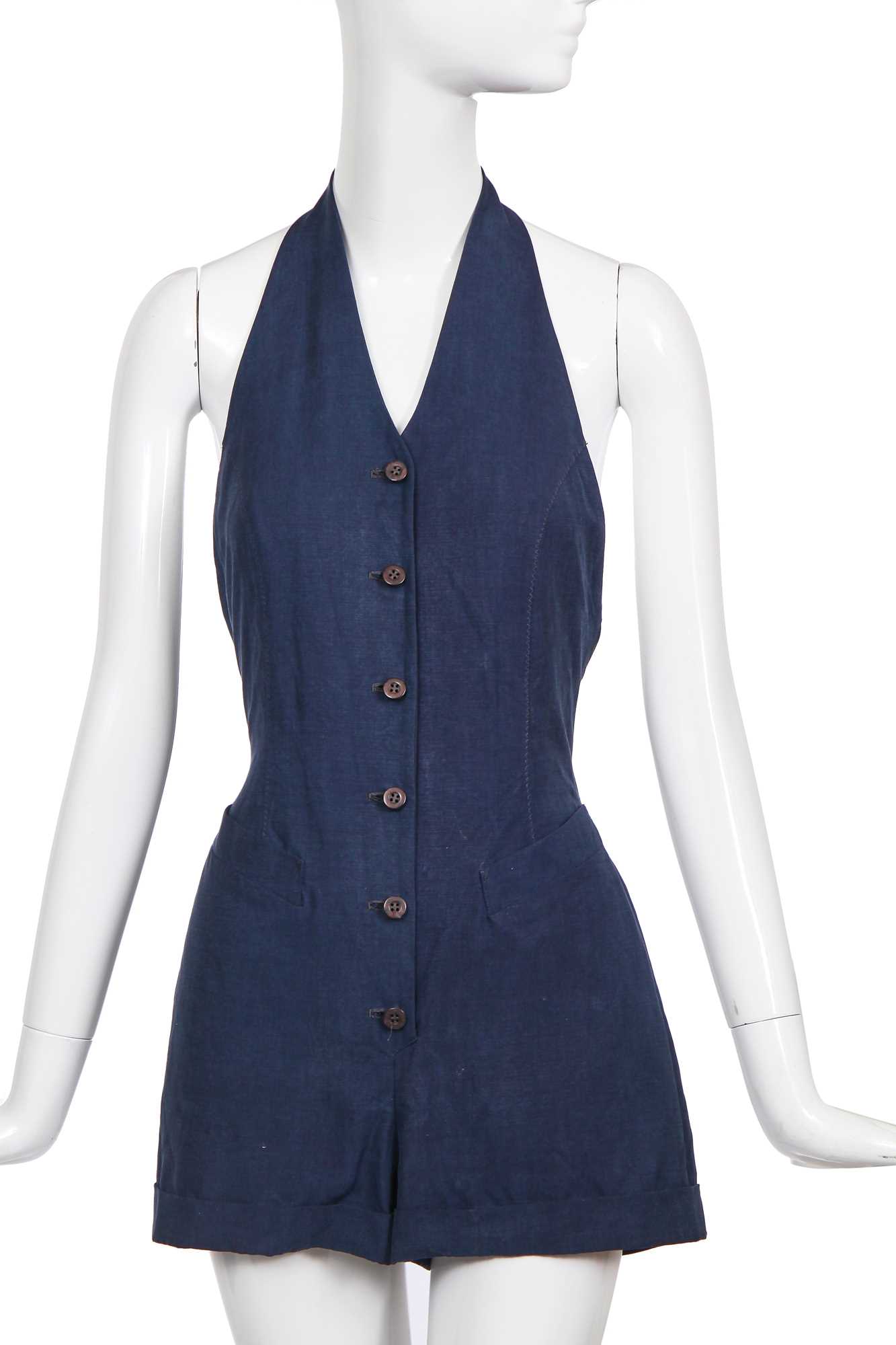 Lot 132 - A Jean Paul Gaultier blue silk-linen blend halter neck playsuit, circa 1990