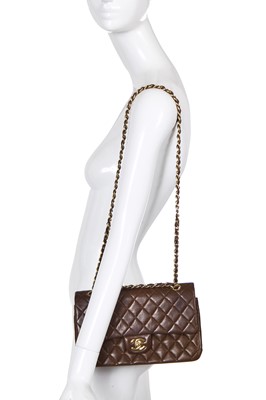 Lot 23 - A Chanel quilted chocolate brown lambskin leather classic flap bag, 2002-2003