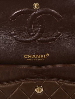 Lot 23 - A Chanel quilted chocolate brown lambskin leather classic flap bag, 2002-2003