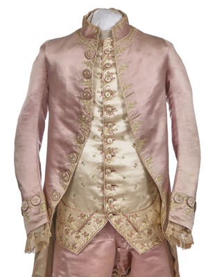 Lot 425 - A gentleman's embroidered pale lilac satin suit, probably French, circa 1780