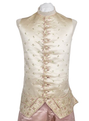 Lot 425 - A gentleman's embroidered pale lilac satin suit, probably French, circa 1780