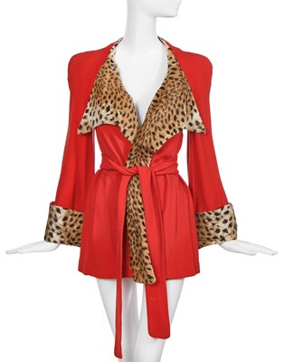 Lot 316 - A Biba scarlet jersey and faux leopard fur-trimmed jacket, 1973-75