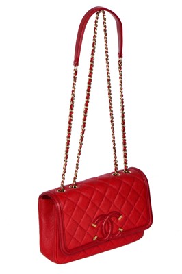 Lot 43 - A Chanel red caviar leather quilted small CC filigree flap bag, 2016-2017