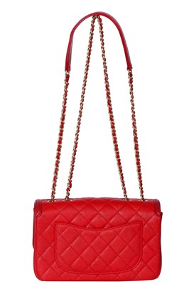 Lot 43 - A Chanel red caviar leather quilted small CC filigree flap bag, 2016-2017