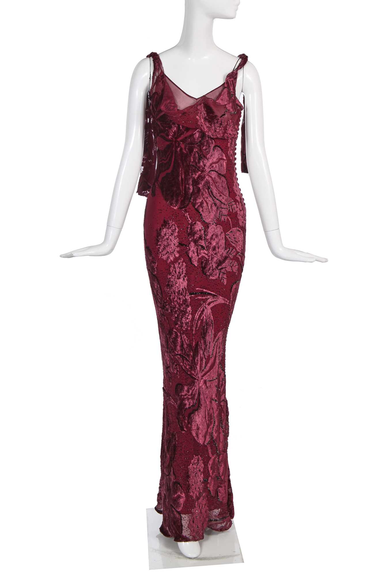 Lot 90 - A John Galliano wine silk and velvet evening gown, 'Welcome to our Playground' collection, Autumn-Winter 2000-01